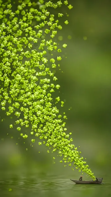 留白 image example: 实景渔翁绿荷花烟火意境图
