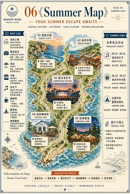 美食 image example: 海浪道路夏日旅行地图海报