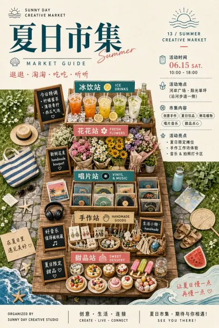 俯视航拍 image example: 俯视视角夏日市集导览海报